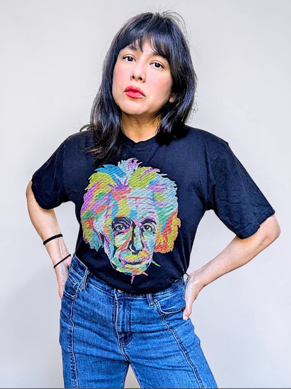 Bioworld Albert Einstein 100% cotton rainbow embroidery whimsy goth tee unisex M